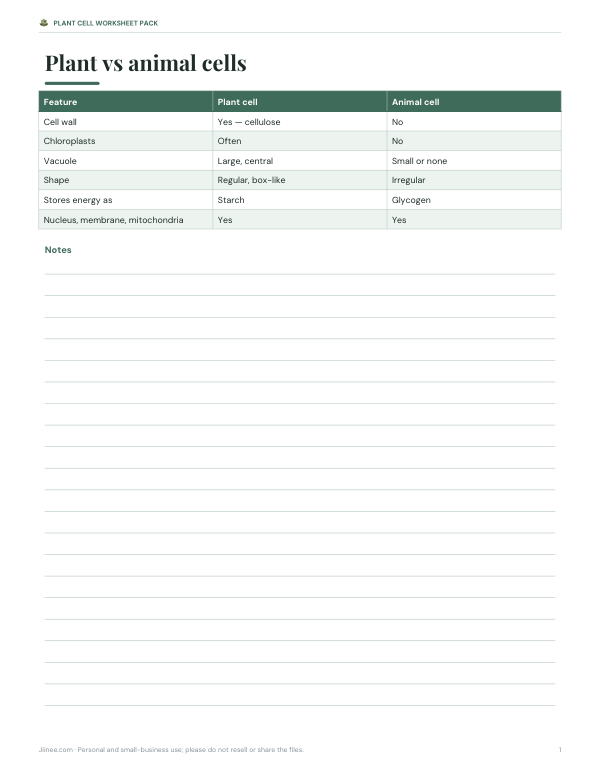 Preview of Printable Plant Cell Comparison Chart